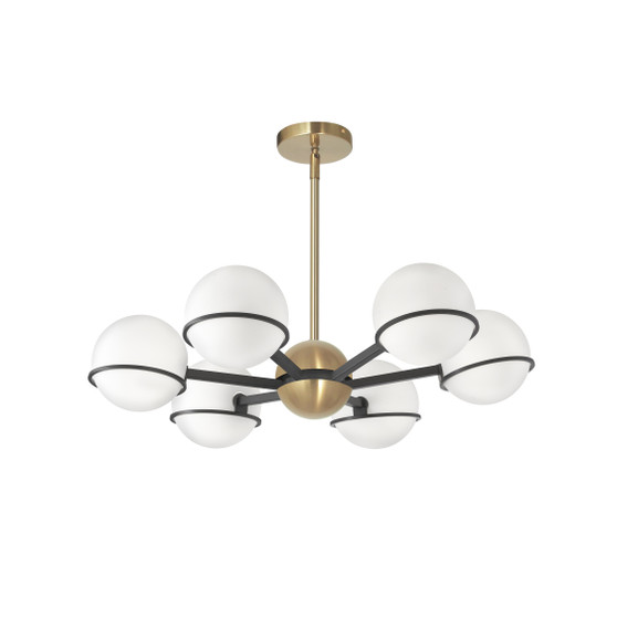 6 Light Halogen Chandelier, Metal Black/Aged Brass With White Opal Glass "SOF-286C-MB-AGB"