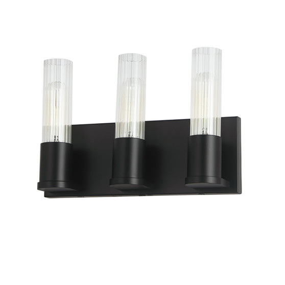 3 Light Incandescent Vanity, Metal Black With Clear Fluted Glass "TBE-123W-MB"