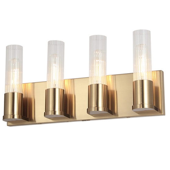 4 Light Incandescent Vanity, Aged Brass With Clear Fluted Glass "TBE-174W-AGB"