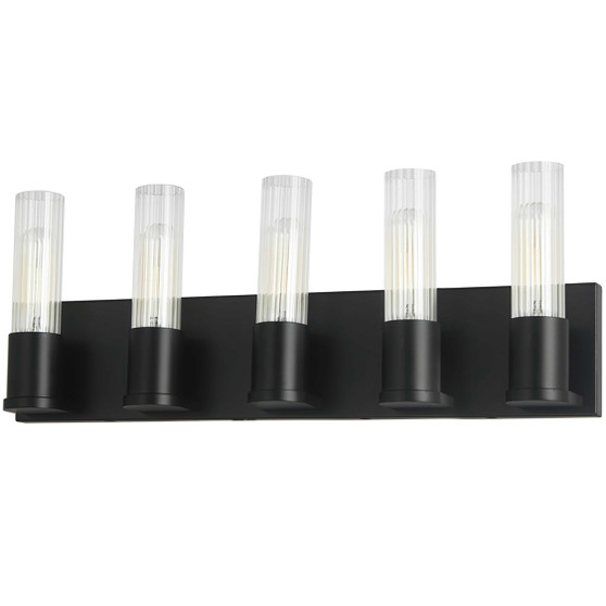 5 Light Incandescent Vanity, Metal Black With Clear Fluted Glass "TBE-225W-MB"