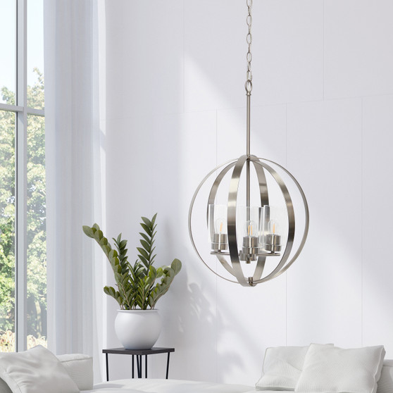 Lalia Home 3-Light 18" Adjustable Industrial Globe Hanging Metal And Clear Glass Ceiling Pendant - Brushed Nickel "LHP-3010-BN"