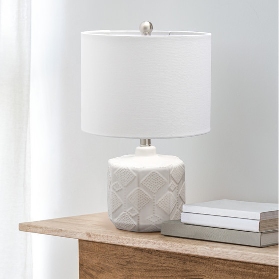 Lalia Home 19" Contemporary Bohemian Ceramic Eyelet Pattern Floral Textured Bedside Table Lamp With White Fabric Shade, Offwhite "LHT-3000-OF"