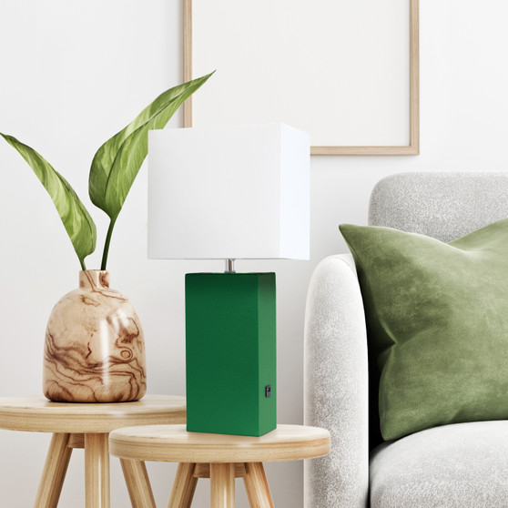 Lalia Home Lexington 21" Leather Base Modern Home Decor Bedside Table Lamp With Usb Charging Port - Green "LHT-3012-GR"