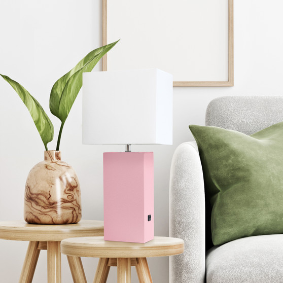 Lalia Home Lexington 21" Leather Base Modern Home Decor Bedside Table Lamp With Usb Charging Port - Pink "LHT-3012-PN"