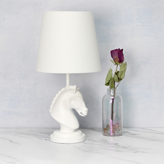 Simple Designs 17.25" Tall Polyresin Decorative Chess Horse Shaped Bedside Table Desk Lamp With White Tapered Fabric Shade, White "LT1089-WHT"