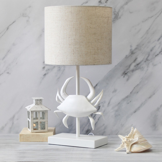 Simple Designs Shoreside 18.25" Tall Coastal White And Polyresin Pinching Crab Shaped Bedside Table Desk Lamp With Light Beige Fabric Drum Shade "LT1090-WHT"