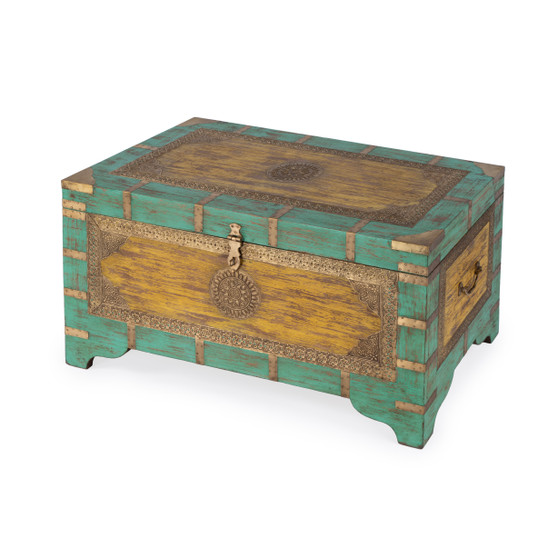 "3365114" Company Nador 32 In. W Rectangular Hand-Painted Brass Inlay Storage Trunk Coffee Table, Blue, Yellow