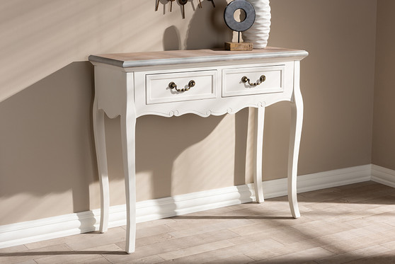 "JY17A022-White-Console" Baxton Studio Capucine Antique French Country Cottage Two Tone Natural Whitewashed Oak And White Finished Wood 2-Drawer Console Table