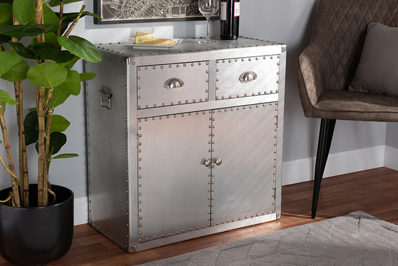 "JY17B162-Silver-Cabinet" Baxton Studio Serge French Industrial Silver Metal 2-Door Accent Storage Cabinet