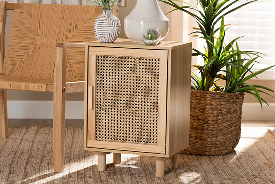 "LYA20-104-Natural Wooden-ET" Baxton Studio Maclean Mid-Century Modern Rattan And Natural Brown Finished Wood 1-Door End Table