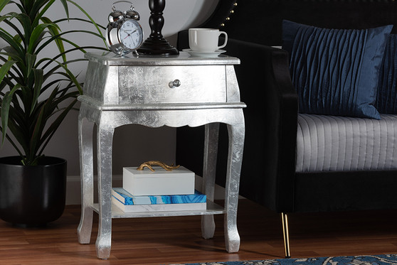 "JY17A013-Silver-ET" Baxton Studio Harriet Classic And Traditional Silver Finished Wood 1-Drawer End Table