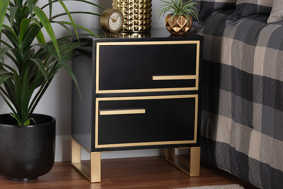 "JY21A015-Wood/Metal-Black/Gold-ET" Baxton Studio Giolla Contemporary Glam And Luxe Black Finished Wood And Gold Metal 2-Drawer End Table
