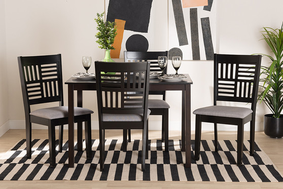 "RH387C-Grey/Dark Brown-5PC Dining Set" Baxton Studio Deanna Modern Grey Fabric And Dark Brown Finished Wood 5-Piece Dining Set