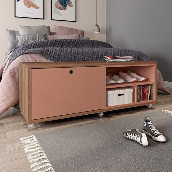 Windsor 53.62 Modern Shoe Rack Bed Bench With Silicon Casters In Ceramic Pink And Nature "5LC2"