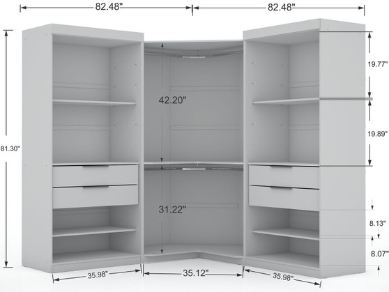 Mulberry 2.0 Semi Open 3 Sectional Modern Wardrobe Corner Closet With 4 Drawers - Set Of 3 In White "118GMC1"