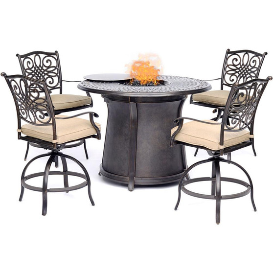 5 Piece High Fire Pit Set (4 Swivel Chairs, 48" Round Cast Top Fire Pit Table) "TRAD5PCFPRD-BR"