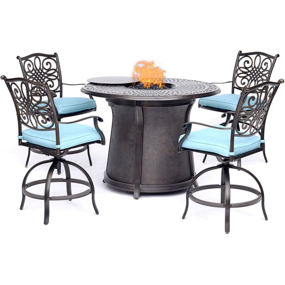 5 Piece High Fire Pit Set (4 Swivel Chairs, 48" Round Cast Top Fire Pit Tbl) "TRAD5PCFPRD-BR-B"