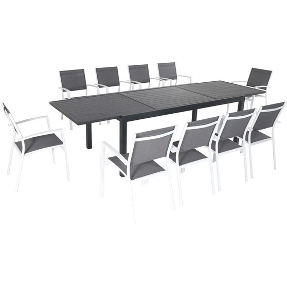 Hanover Naples 11 Piece Dining Set: 10 Aluminum Sling Chairs, Aluminum Extension Table "NAPLESDN11PC-WHT"