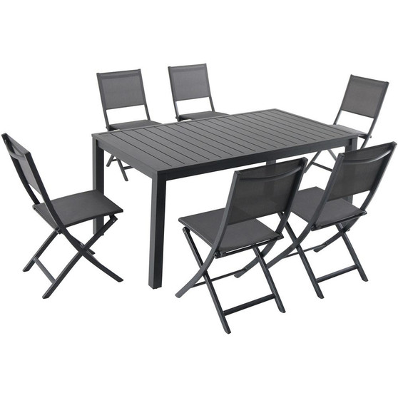 Hanover Naples 7 Piece Dining Set: 6 Aluminum Sling Folding Chairs, 63X35" Aluminum Slat Table "NAPDNS7PCFD-GRY"