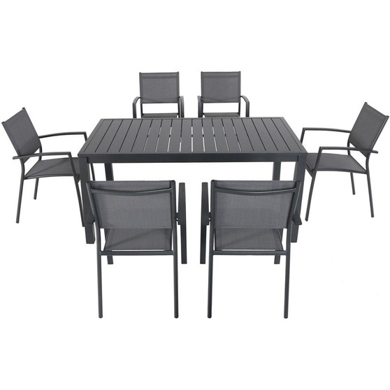 Hanover Naples 7 Piece Dining Set: 6 Aluminum Sling Chairs, 63X35" Aluminum Slat Table "NAPDNS7PC-GRY"
