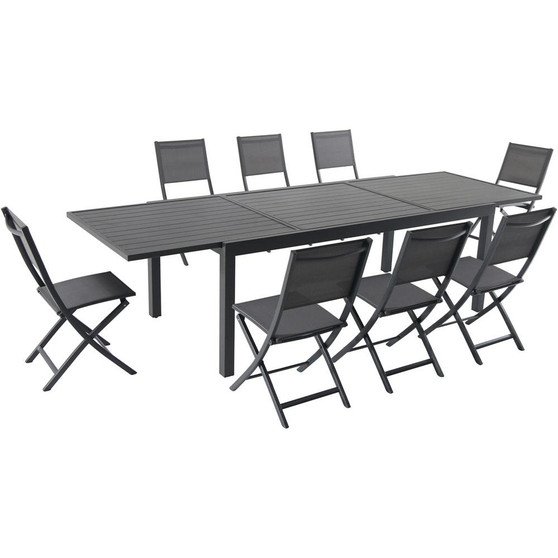 Hanover Naples 9 Piece Dining Set: 8 Aluminum Sling Folding Chairs, Aluminum Extension Table "NAPDN9PCFD-GRY"