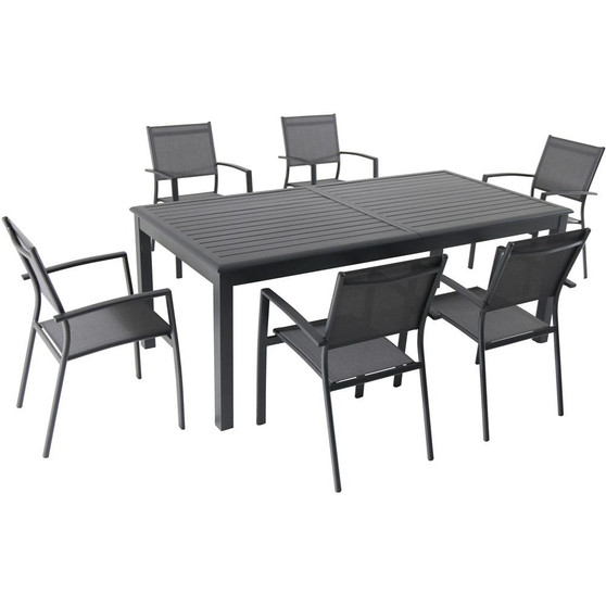 Hanover Dawson 7 Piece Dining Set: 6 Aluminum Sling Chairs, 78-118" Aluminum Extension Table "DAWDN7PC-GRY"