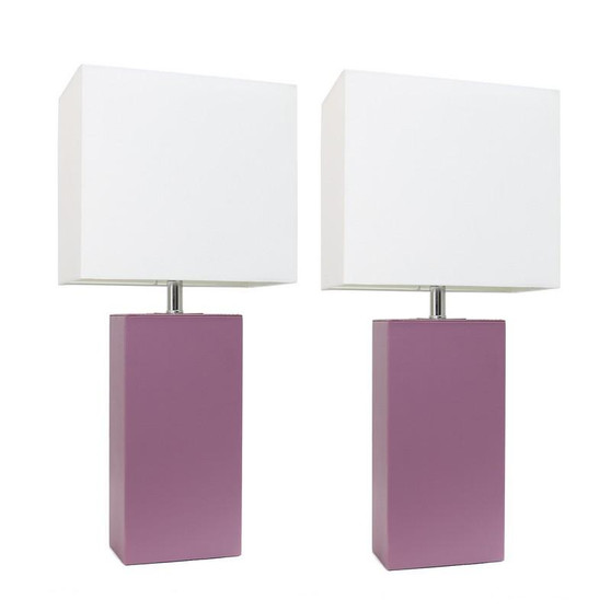 2 Pack Modern Leather Table Lamps W/Purple/White Shades "LC2000-PRP-2PK"