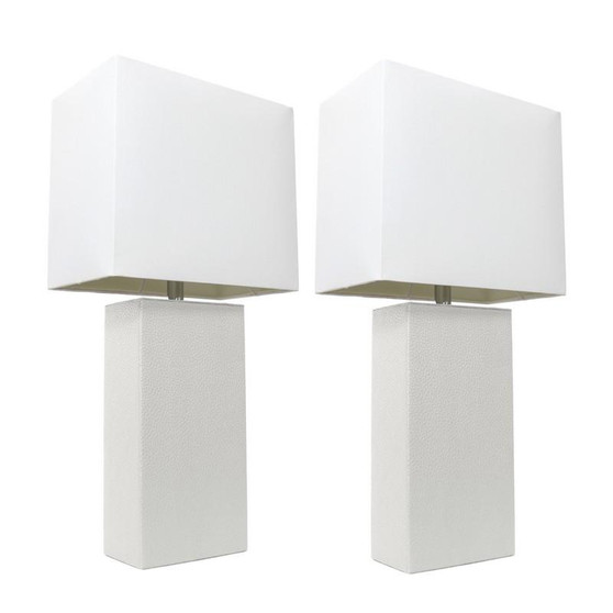 2 Pack Modern Leather Table Lamps W/Shades, White - "LC2000-WHT-2PK"