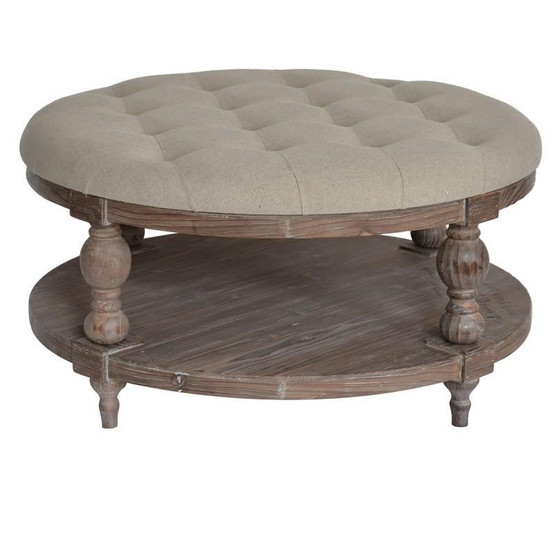 Tahoe Rustic Wood And Round Linen Ottoman "CVFZR4572"
