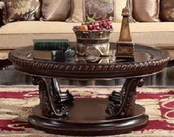 Homey Design HD-213-COFFEE Victorian Round Walnut Coffee Table