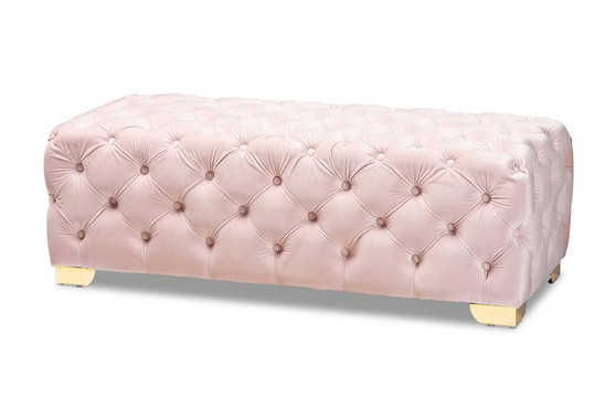 Avara Glam And Luxe Light Pink Velvet Fabric Upholstered Gold Finished Button Tufted Bench Ottoman TSFOT028-Light Pink/Gold-Otto By Baxton Studio