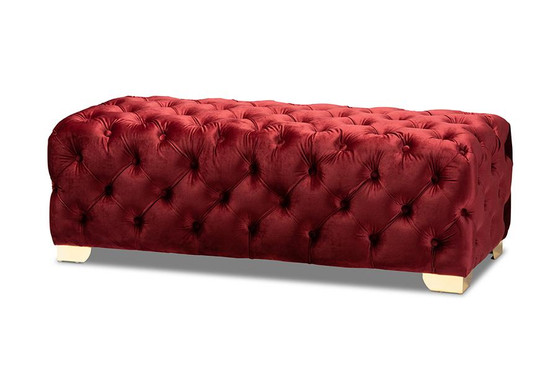 Avara Glam And Luxe Burgundy Velvet Fabric Upholstered Gold Finished Button Tufted Bench Ottoman TSFOT028-Burgundy/Gold-Otto By Baxton Studio