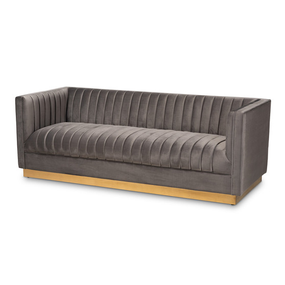 Aveline Glam And Luxe Grey Velvet Fabric Upholstered Brushed Gold Finished Sofa TSF-BAX66113-Grey/Gold-SF By Baxton Studio