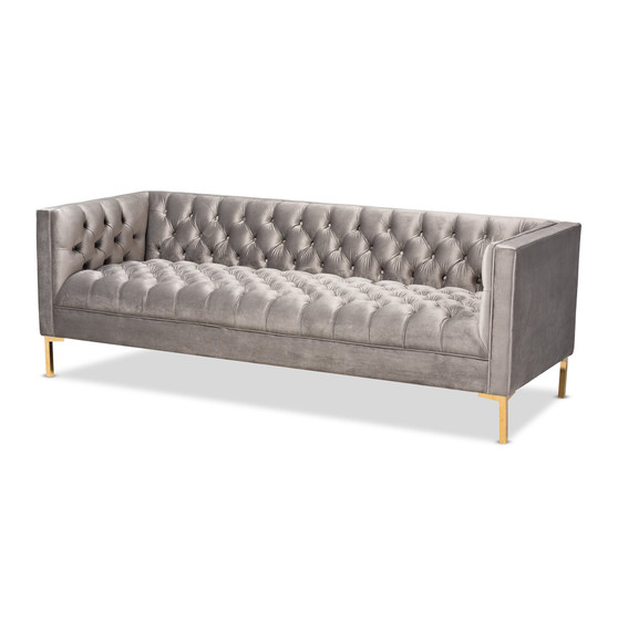 Zanetta Glam And Luxe Gray Velvet Upholstered Gold Finished Sofa TSF-7723-Grey/Gold-SF By Baxton Studio