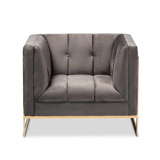 Ambra Glam And Luxe Grey Velvet Fabric Upholstered And Button Tufted Armchair With Gold-Tone Frame TSF-5507-Grey/Gold-CC By Baxton Studio