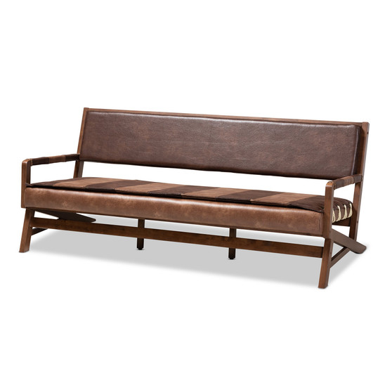 Rovelyn Rustic Brown Faux Leather Upholstered Walnut Finished Wood Sofa Rovelyn-Dark Brown/Walnut-SF By Baxton Studio