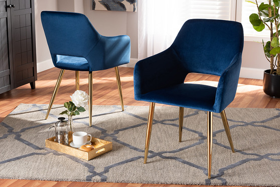 Germaine Glam and Luxe Navy Blue Velvet Fabric Upholstered Gold Finished 2-Piece Metal Dining Chair Set DC144-Navy Blue Velvet/Gold-DC By Baxton Studio