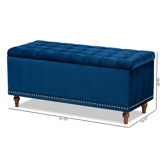 Kaylee Modern and Contemporary Navy Blue Velvet Fabric Upholstered Button-Tufted Storage Ottoman Bench BBT3137-Navy Velvet/Walnut-Otto By Baxton Studio