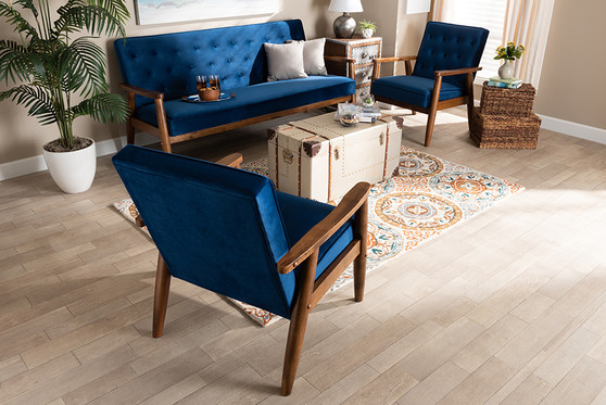 Sorrento Mid-century Modern Navy Blue Velvet Fabric Upholstered Walnut Finished 3-Piece Wooden Living Room Set BBT8013-Navy Velvet/Walnut-3PC Set By Baxton Studio