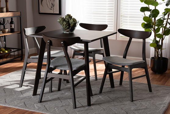 Britte Mid-Century Modern Light Grey Fabric Upholstered Dark Oak Brown Finished 5-Piece Wood Dining Set Fiesta-Smoke/Coffee Oak-5PC Dining Set By Baxton Studio