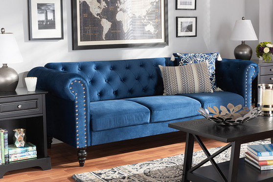 Emma Traditional and Transitional Navy Blue Velvet Fabric Upholstered and Button Tufted Chesterfield Sofa Emma-Navy Blue Velvet-SF By Baxton Studio