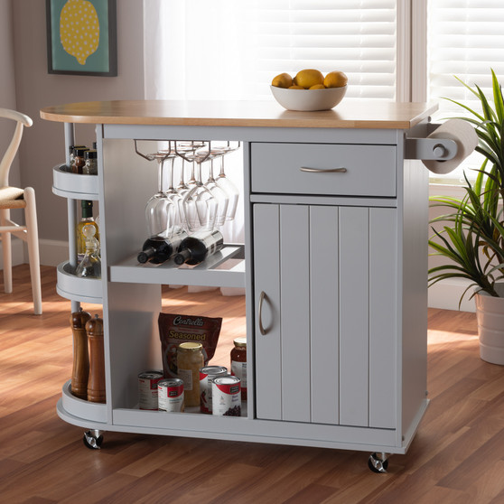 Donnie Coastal and Farmhouse Two-Tone Light Grey and Natural Finished Wood Kitchen Storage Cart RT672-OCC-Natural/Light Grey-Cart By Baxton Studio