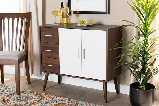 Leena Mid-Century Modern Two-Tone White and Walnut Brown Finished Wood 3-Drawer Sideboard Buffet CA 5790-00-Columbia/White-Sideboard By Baxton Studio