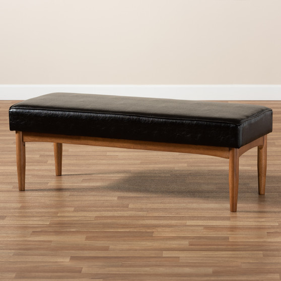 Arvid Mid-Century Modern Dark Brown Faux Leather Upholstered Wood Dining Bench BBT8051-Dark Brown/Walnut-Bench By Baxton Studio