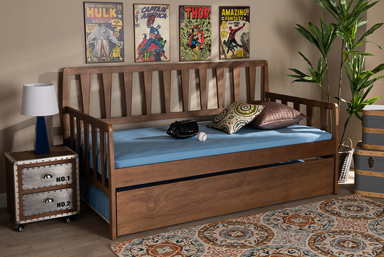 Midori Modern and Contemporary Transitional Walnut Brown Finished Wood Twin Size Daybed with Roll-Out Trundle Bed MG0046-1-Walnut-Daybed with Trundle By Baxton Studio