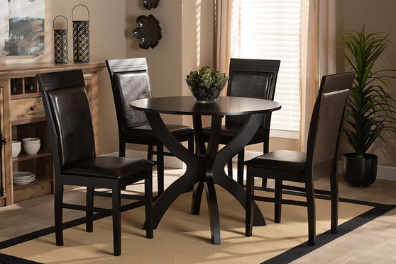 Ancel Modern and Contemporary Dark Brown Faux Leather Upholstered and Dark Brown Finished Wood 5-Piece Dining Set Ancel-Dark Brown-5PC Dining Set By Baxton Studio