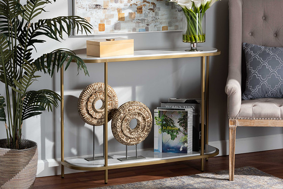 Dominic Modern and Contemporary Gold Metal Console Table with Faux Marble Tabletop WS-12219-Console By Baxton Studio