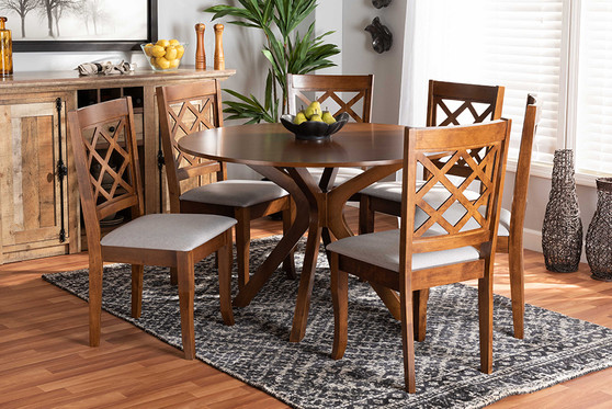 Jana Modern and Contemporary Grey Fabric Upholstered and Walnut Brown Finished Wood 7-Piece Dining Set Jana-Grey/Walnut-7PC Dining Set By Baxton Studio