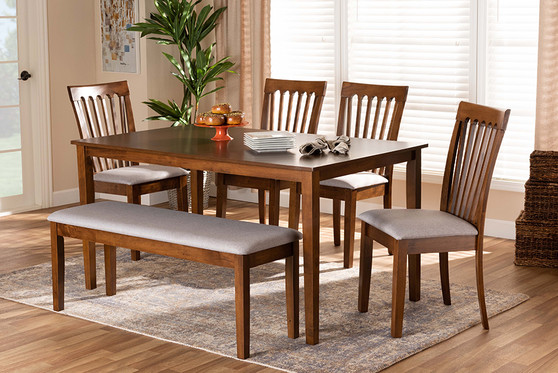 Minette Modern and Contemporary Grey Fabric Upholstered and Walnut Brown Finished Wood 6-Piece Dining Set RH319C-Grey/Walnut-6PC Dining Set By Baxton Studio