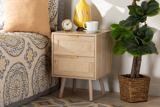 Baird Mid-Century Modern Light Oak Brown Finished Wood and Rattan 2-Drawer Nightstand SR196128-Rattan-NS By Baxton Studio
